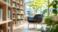 Modern gray armchair in sunny library interior with wooden bookshelves and green plants, natural light streaming through windows creates cozy reading atmosphere.
