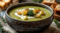 Creamy broccoli soup with croutons in rustic ceramic bowl, garnished with herbs and cream swirl, served with toasted bread on burlap.