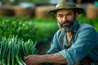 Middle-aged bearded Hispanic farmer in hat harvesting fresh green onions in organic garden. Natural lighting highlights sustainable agriculture and local food production.
