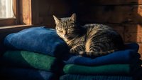 Tabby cat resting on stacked blue and green folded blankets near a window in warm indoor lighting, conveying comfort and coziness.