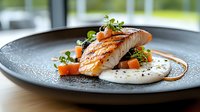 Grilled salmon fillet with creamy sauce, fresh microgreens and diced carrots served on dark ceramic plate. Fine dining presentation with elegant plating.