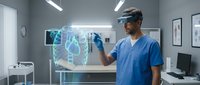 Male surgeon using augmented reality headset to examine holographic medical data in modern hospital operating room for advanced healthcare technology.