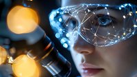 Futuristic augmented reality glasses with glowing network connections and digital nodes overlay against dark background with bokeh lights and tech elements.