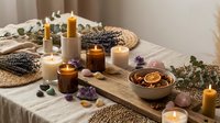 Spa wellness setup with lavender, candles, essential oils and dried citrus creating relaxing aromatherapy atmosphere for self-care and meditation rituals.