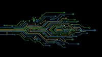 Futuristic circuit board pattern with glowing green and blue lines on black background for technology and electronics design projects.