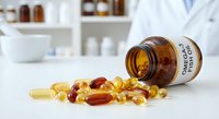 Healthcare professional in white coat with spilled vitamin supplements and medicine bottle on pharmacy counter for wellness and medical care.