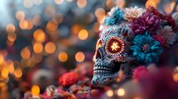 Decorated sugar skull with colorful flowers and glowing eyes against blurred golden bokeh lights background, celebrating Day of the Dead traditional Mexican culture.