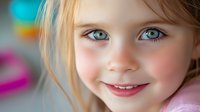 Young Caucasian girl with bright blue eyes and blonde hair smiling warmly at camera. Natural rosy cheeks and gentle expression create heartwarming childhood portrait.