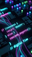 Futuristic programming code with neon glowing syntax highlighting on dark background. Software development and coding concept with colorful digital interface elements.