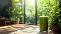 Fresh green smoothie in tall glass on wooden table with natural sunlight and potted plants, creating peaceful morning atmosphere. Perfect for healthy lifestyle content.