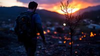Young male hiker with backpack observing dramatic sunset over mountain valley with city lights below, silhouetted against orange and purple sky, lone tree in foreground.