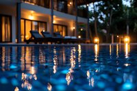 Evening reflections in luxurious swimming pool with glowing lights and lounge chairs at upscale resort property creating tranquil ambiance and peaceful atmosphere.