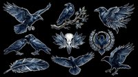 Dark blue raven and crow silhouettes isolated on transparent background. Perfect for t-shirt designs, clipart, stickers, sublimation, print-on-demand products, and digital crafts.