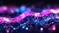 Abstract glowing wave of sparkling particles in pink and blue colors against dark background, creating magical flowing light effect with bokeh elements.