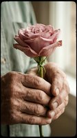 Elderly hands gently holding single pink rose bloom, symbolizing love, care and tenderness in soft natural lighting for romantic and emotional concepts.