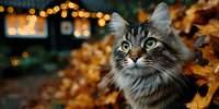 Adorable fluffy tabby kitten with striking green eyes surrounded by golden autumn leaves and warm bokeh lights creating cozy seasonal atmosphere.