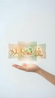 Hand presenting holographic wellness lifestyle icons with yoga meditation exercise and healthy food symbols floating above palm.