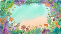 Watercolor frame with flowers, leaves, birds, books, and coffee cups in teal, purple, and orange tones, copy space in center.
