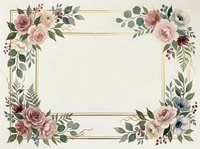 Elegant floral frame with roses, peonies, and greenery arranged in corners on cream background with gold borders, suitable for invitations and stationery designs.