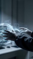 Hands interacting with glowing digital wireframe cubes and particles, representing virtual reality, metaverse technology, and digital transformation for web design and innovation concepts.
