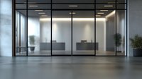 Modern office entrance with glass doors revealing minimalist interior, illuminated by recessed ceiling lights and natural daylight.