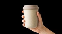 Eco-friendly takeaway cup held in hand, isolated on transparent background. Ready for t-shirt design, clipart, stickers, print-on-demand, and sublimation projects.