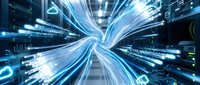 Abstract digital data flow with glowing blue light streams and technological elements creating dynamic motion blur effect for modern tech concepts.
