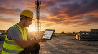 Engineer in safety vest and hard hat using tablet at telecommunications tower site during golden hour sunset for industrial and technology projects.