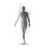 Silhouette of male figure dissolving into particles, representing transformation, consciousness or spiritual awakening on white background.