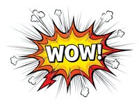 Comic book explosion burst with WOW text in speech bubble. Pop art style starburst with radial lines and cloud effects for graphic design projects.
