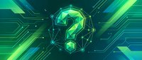 Digital question mark symbol with glowing green neon effects on futuristic circuit board background for technology and AI concepts.