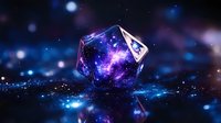 Mystical glowing purple and blue cosmic dice with galaxy pattern inside on dark background with magical sparkles and light effects. Great for fantasy gaming concepts.