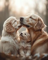 Adorable golden retriever family moment with parent dogs and puppy showing affection and bonding outdoors in warm natural lighting during sunset.