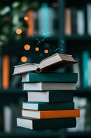 Open book on stack with magical glowing mathematical formulas and geometric shapes floating above, orange bokeh lights in dark background for education concept.