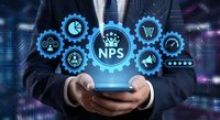 Businessman using smartphone with glowing NPS customer satisfaction rating system and feedback icons for business analytics and performance measurement.