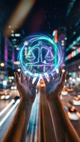 Hands holding glowing neon justice scales hologram over blurred city street at night with colorful bokeh lights representing legal technology and digital law concept.