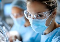 Female medical professional wearing protective eyewear and surgical mask focuses intently during procedure, with blurred colleague in background. Healthcare setting.