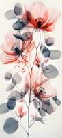 Delicate coral poppies and navy eucalyptus leaves in x-ray style composition on light background, creating ethereal botanical art suitable for modern interior decor.