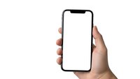 Hand holding modern smartphone with blank white screen isolated on white background for mobile app presentation and digital mockup design.
