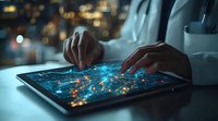 Digital transformation concept shown through hands interacting with glowing network visualization on tablet device against blurred city lights background at night.