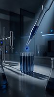 Laboratory pipette dropping blue liquid into test tubes in modern research facility for scientific experiments and chemical analysis.