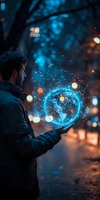 Young man in winter jacket holding glowing blue holographic sphere with network connections against dark evening park background with bokeh lights.