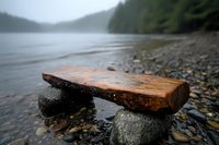 Rustic wooden plank balanced on rocks at misty lake shore with pebble beach and pine forest background, moody atmospheric nature scene.