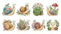 Colorful snails with floral and botanical elements, isolated on white background, ready for clipart, t-shirt designs, stickers, and creative projects.