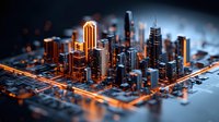 Futuristic cityscape with glowing orange circuit lines connecting modern skyscrapers at night, creating technological urban landscape with dramatic lighting.