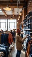 Woman in beige cardigan and burgundy beanie browsing shelves of folded denim in modern retail clothing store with exposed brick, wooden beams, pendant lighting, and customers shopping in background.