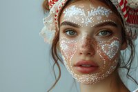Beautiful young woman with freckles and blue eyes wearing traditional headscarf, decorated with white face paint patterns in delicate floral and geometric designs perfect for beauty and fashion blogs.