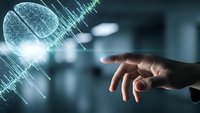 Human hand reaching toward glowing digital brain with data streams and neural network connections in futuristic technology concept.