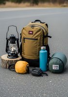 Mustard-colored backpack with camping gear including lantern, sleeping bag, water bottle, and compass arranged on asphalt road for outdoor adventure and travel.