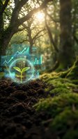 Green plant seedling with holographic financial charts and growth data in forest setting representing sustainable investment and eco-friendly business growth.